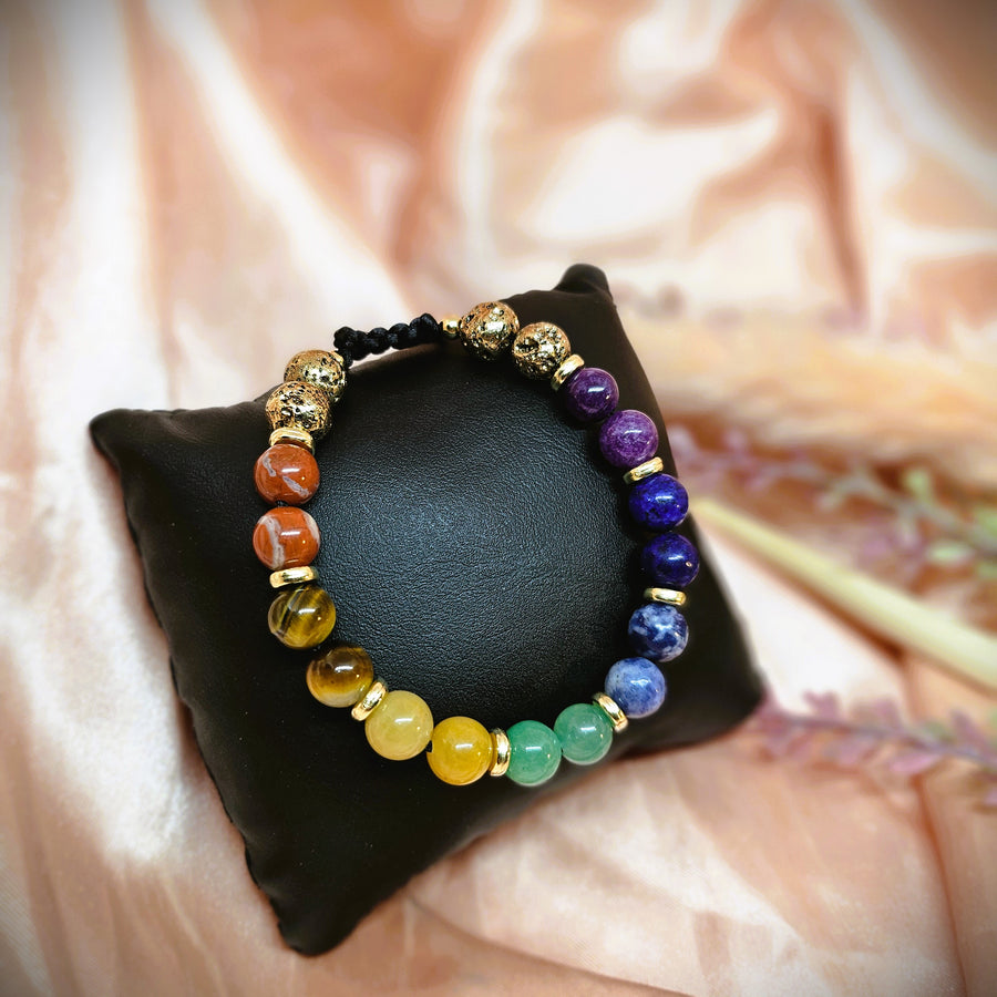 7 Chakra - Double beads With Ancient Bronze Volcanic Lava Stone