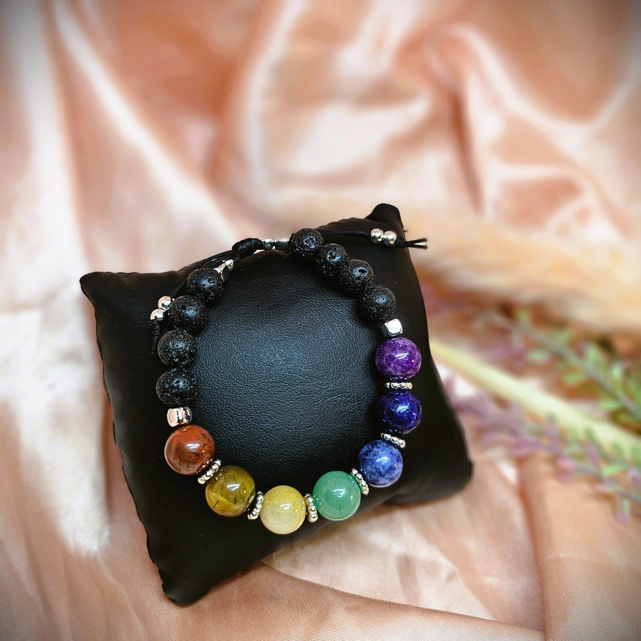 7 Chakra - With Black Lava Stone & silver plated beads