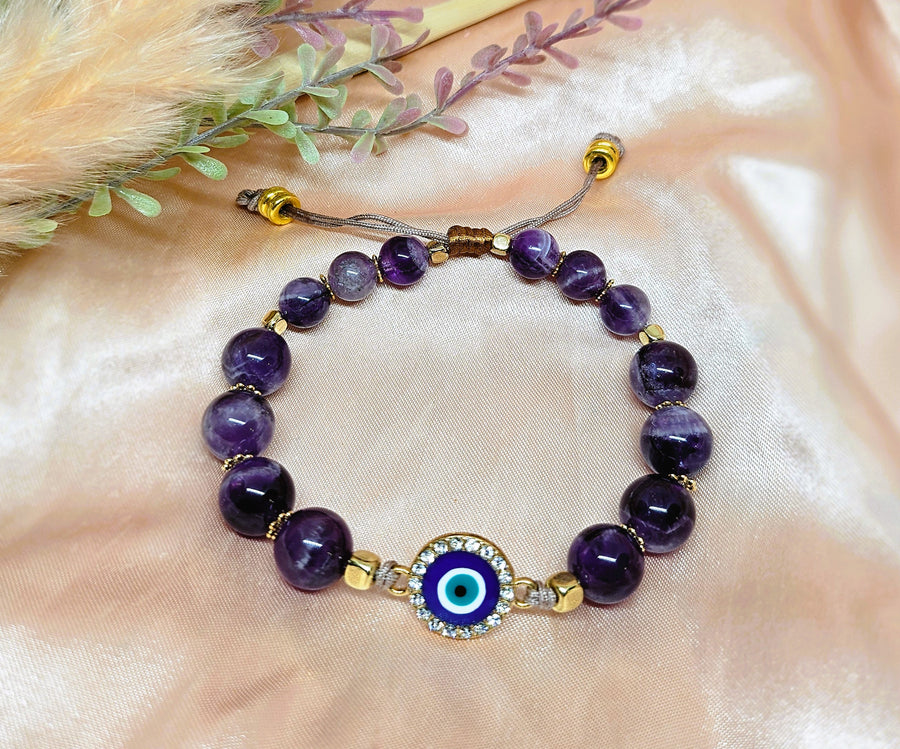 Evil Eye Charm with Amethyst Crystals & floral bead spacers