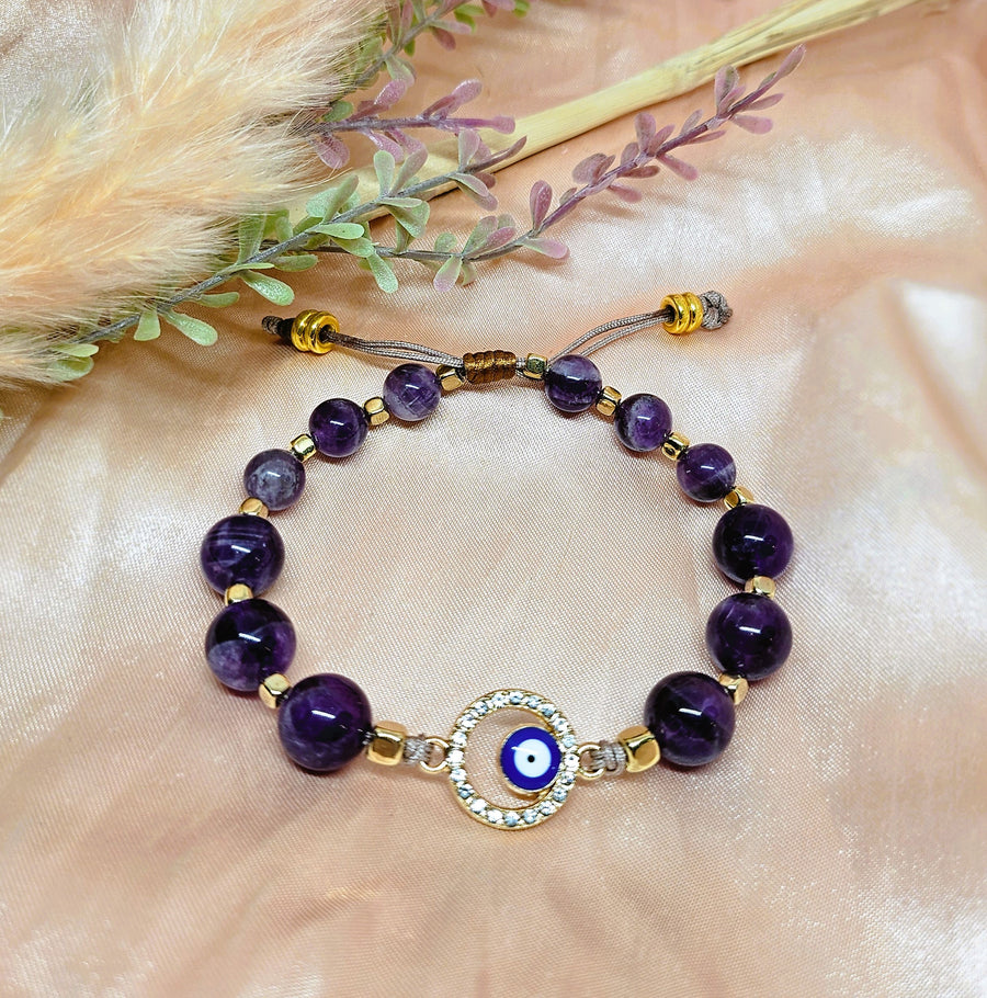 Evil Eye Charm - Amethyst Crystals with gold plated cube charms