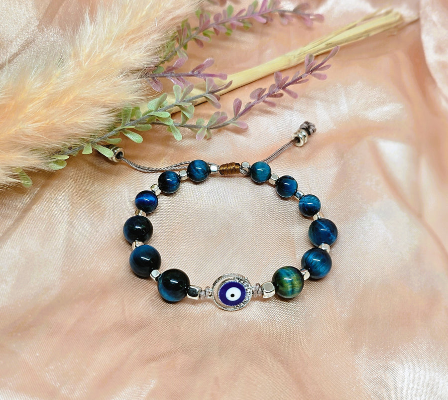 Evil Eye Charm - Blue Tiger's Eye with silver plated beads