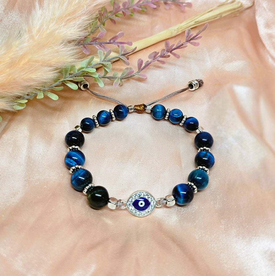 Evil Eye Charm with Blue Tiger's Eye and floral bead spacers