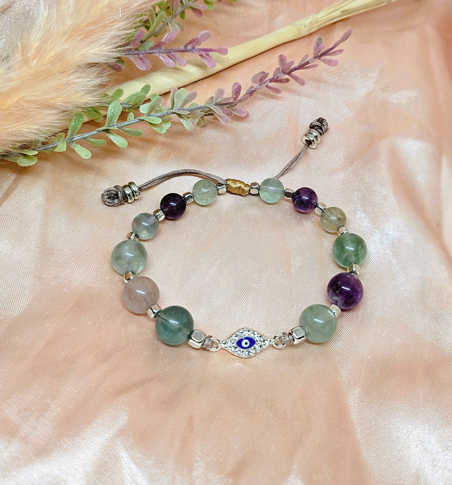 Evil Eye Charm Bracelet with Fluorite Crystals