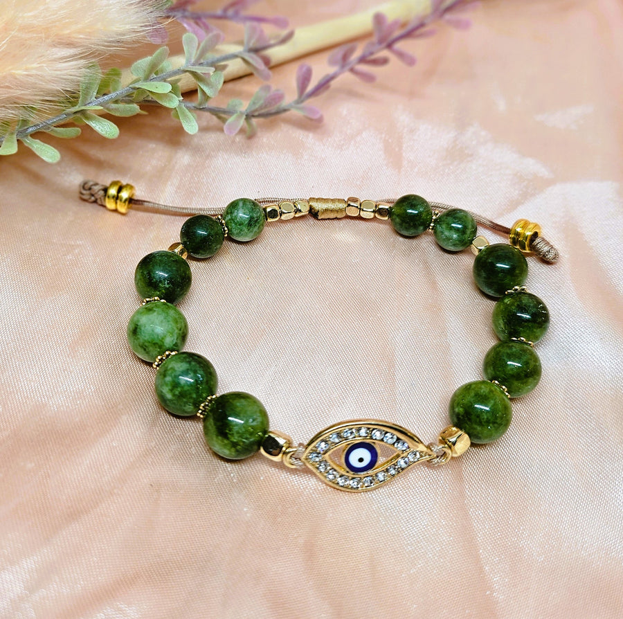 Evil Eye Charm with Diopside Green Jade and floral bead spacers