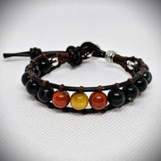 Leather Bracelet - Black Onyx, Snowflake Obsidian, Red Jasper & Golden Tiger's Eye