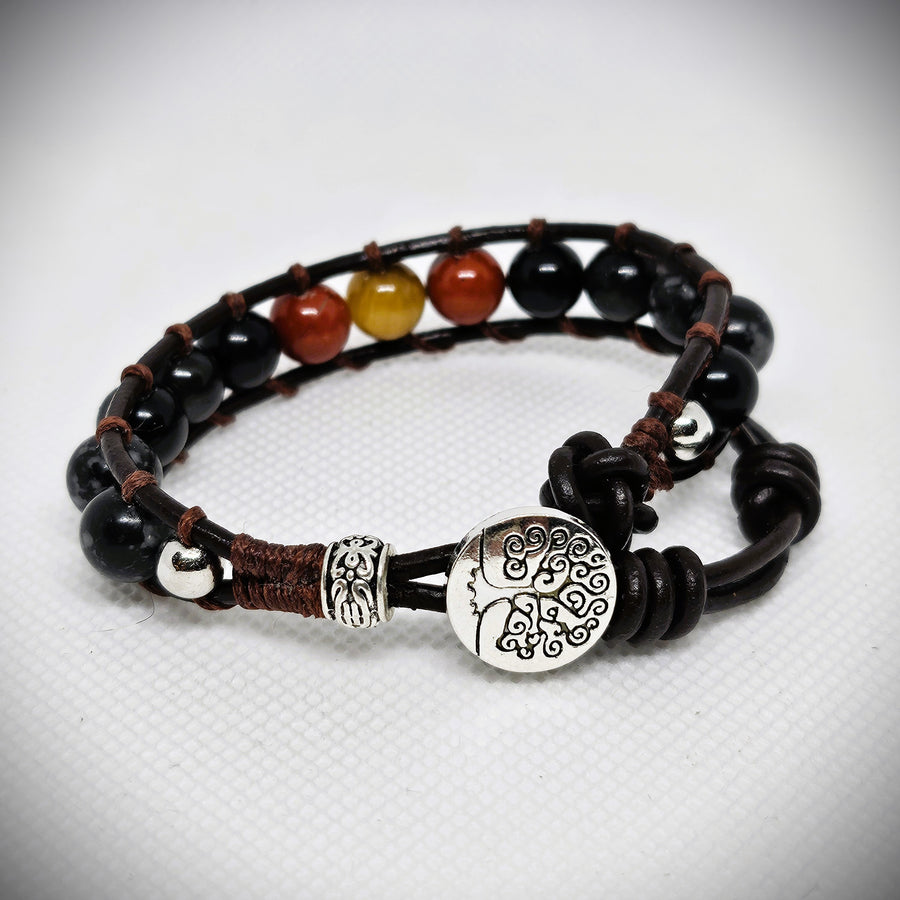 Leather Bracelet - Black Onyx, Snowflake Obsidian, Red Jasper & Golden Tiger's Eye