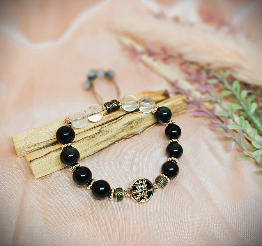 Tree of Life Charm Bracelet with Black Onyx & Quartz Crystal