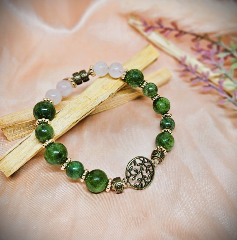 Tree of Life Charm Bracelet with Diopside Green Jade & Rose Quartz