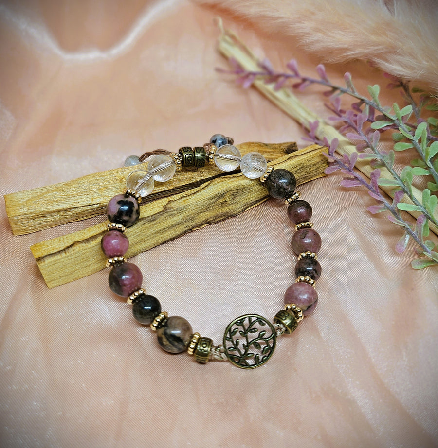 Tree of Life Charm Bracelet with Rhodonite & Quartz Crystal