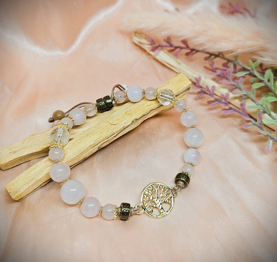 Tree of Life Charm Bracelet with Rose Quartz & Quartz Crystal