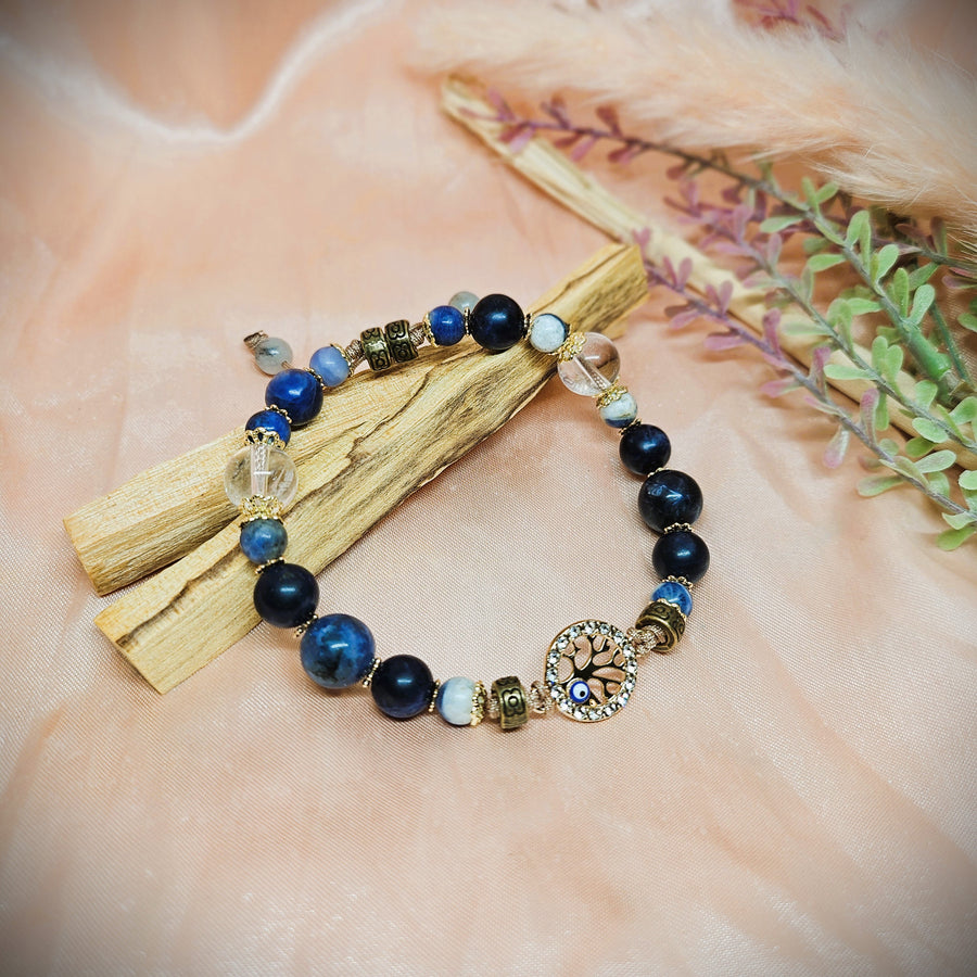 Tree of Life Charm Bracelet with Sodalite & Quartz Crystal