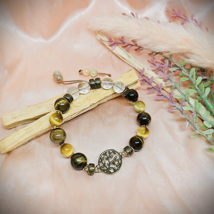 Tree of Life Charm Bracelet with Tiger's Eye, Quartz Crystal & Golden Tiger's Eye