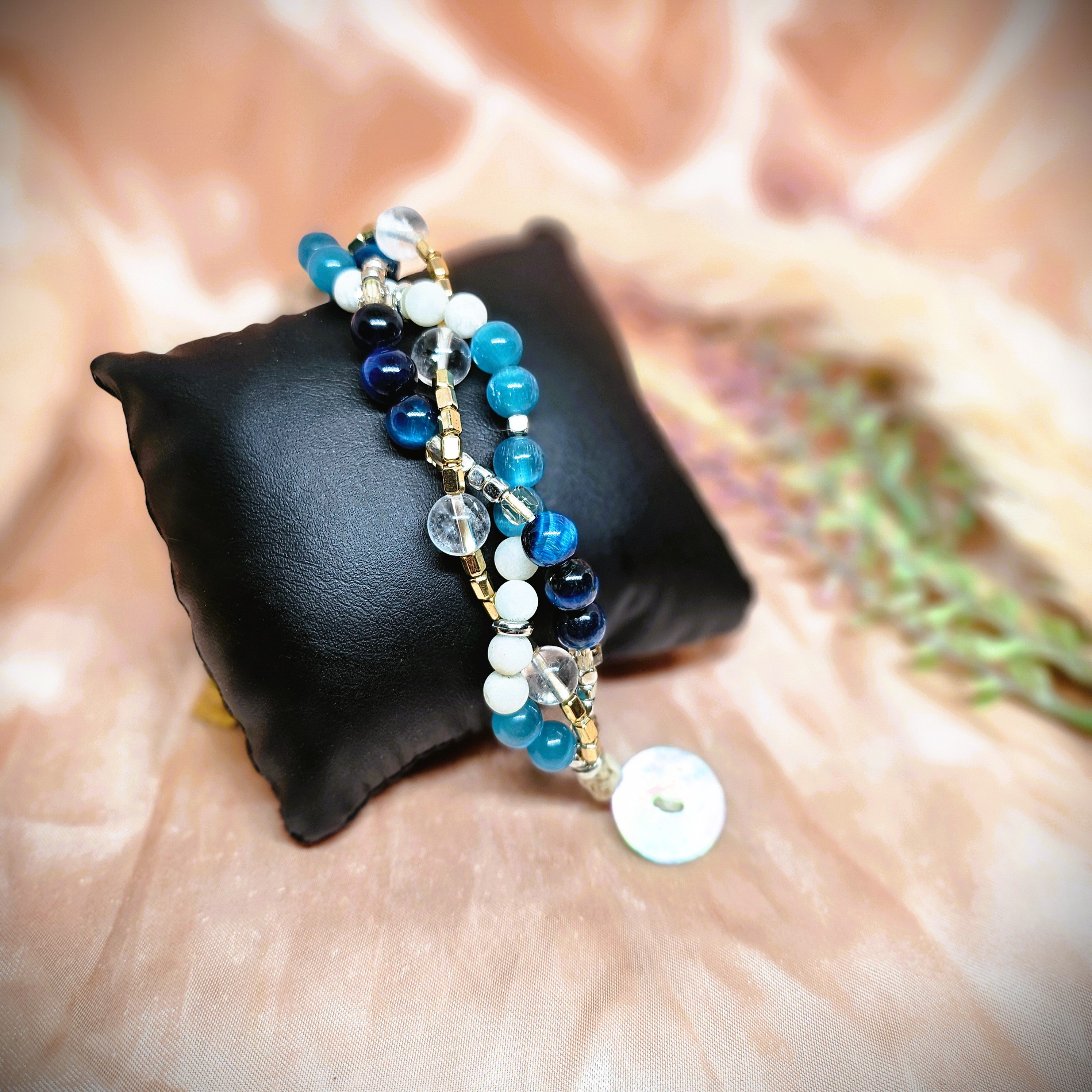 Twine Bracelet - Blue Tiger's Eye, Blue Cat's Eye Opal, Crystal Quartz & Natural Honed Agate