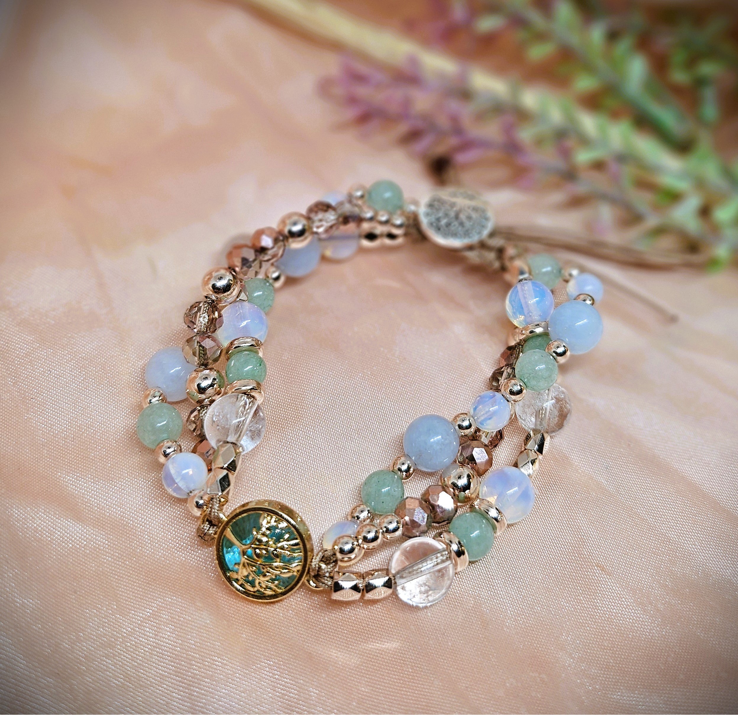 Twine Tree of Life Charm - Aquamarine, Chrysoprase, White Opal & Crystal Quartz