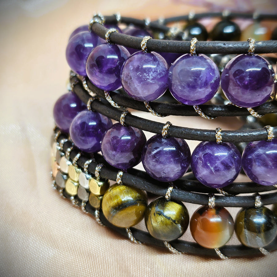 Wrap Bracelet - Amethyst, Tiger's Eye & Peacock Agate