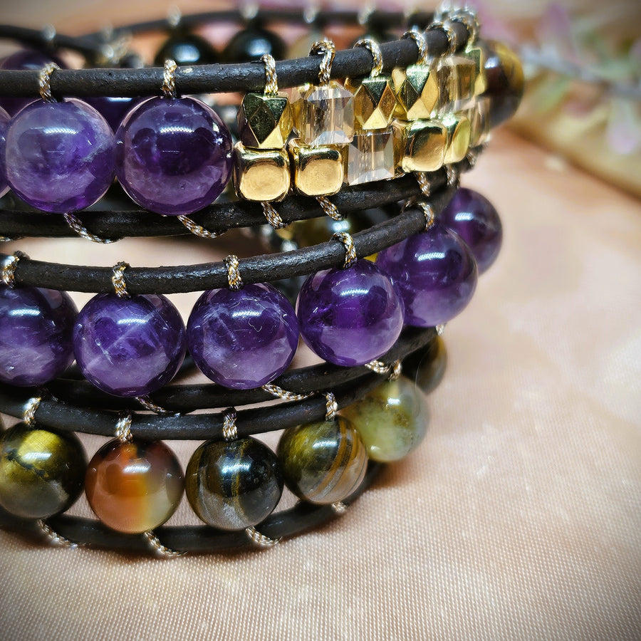 Wrap Bracelet - Amethyst, Tiger's Eye & Peacock Agate